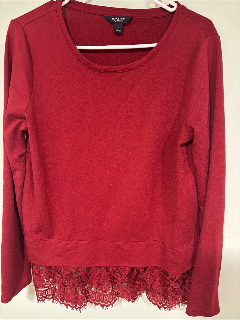 Simply Vera Vera Wang Burgandy Lace-Hem Long Sleeve Top - Picture 1 of 4